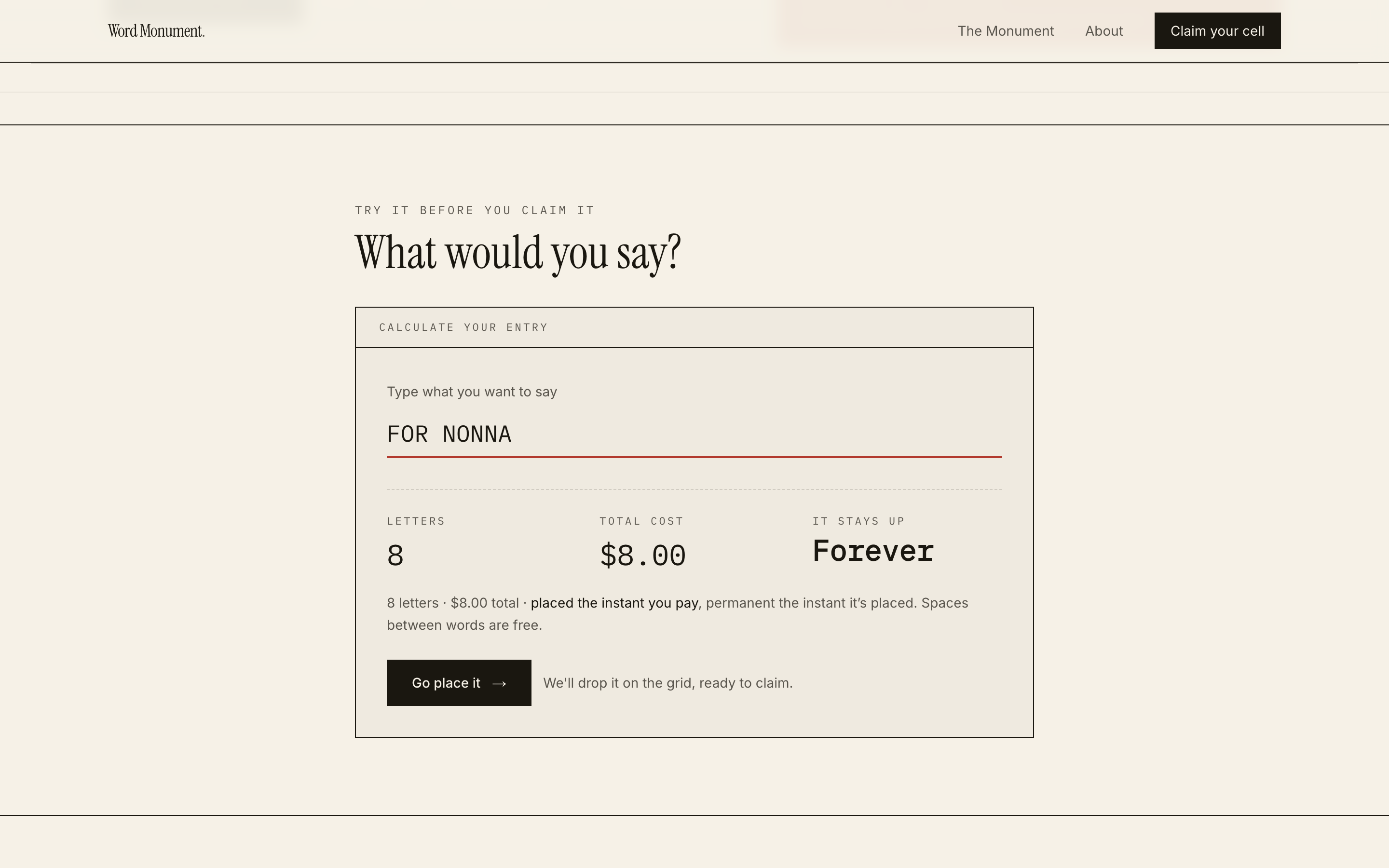 The What would you say box with FOR NONNA typed into it, showing 8 letters, $8.00 total, and a Go place it button.